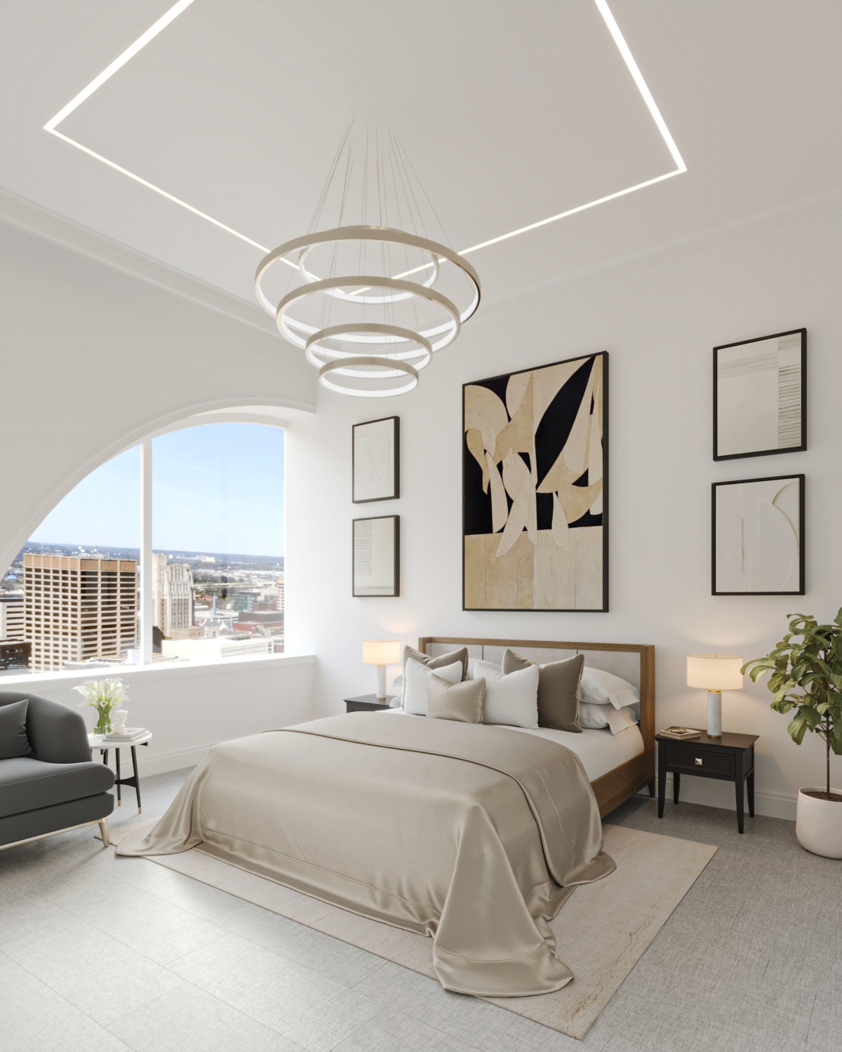 Penthouse bedroom with chandelier and city views